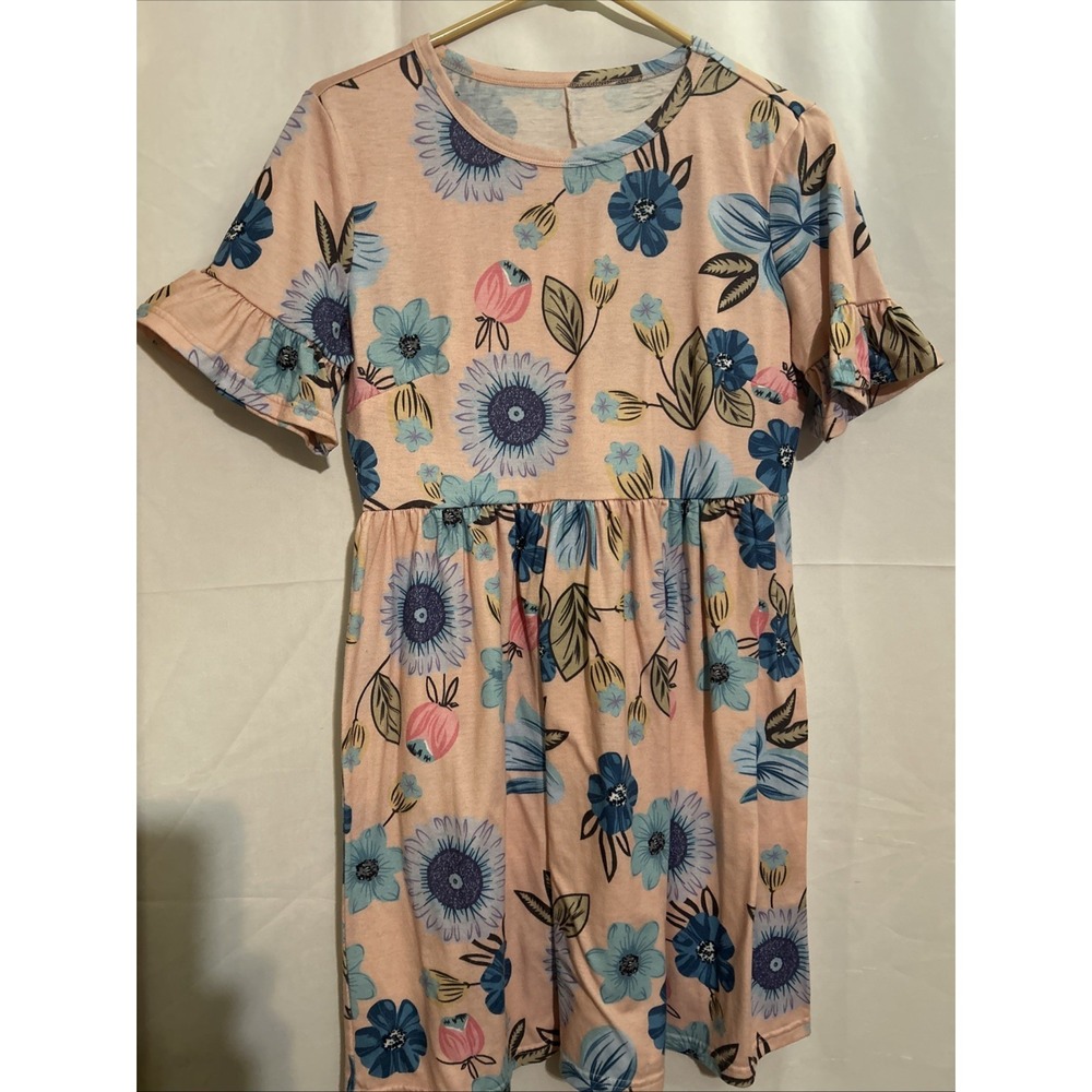 Pink Floral Dress With Ruffled Short Sleeve, No Brand, Size S